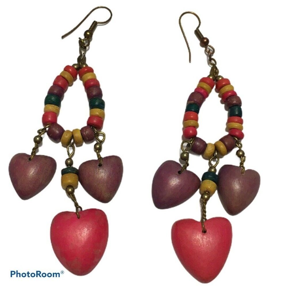 Artisan crafted 80's rainbow heart wood earrings